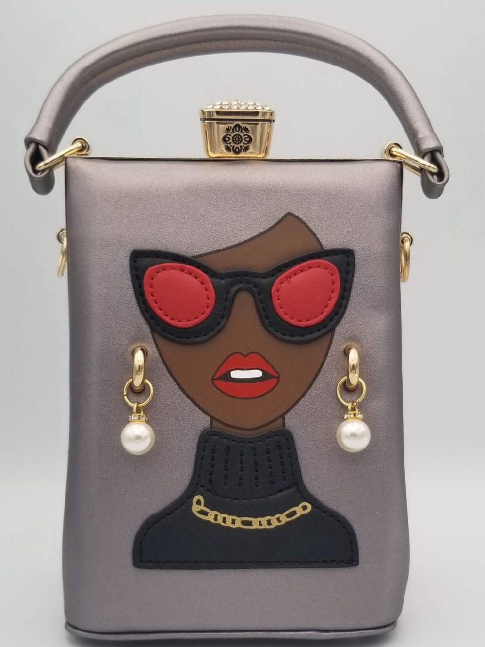 Handmade Metallic Gray Novelty Crossbody Bag with Fashion Portrait
